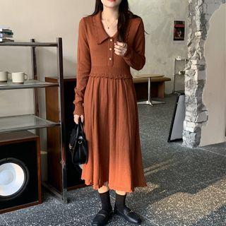 Long-sleeve Collared Knit Midi A-line Dress