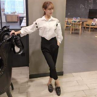Set: Lace Trim Balloon Sleeve Shirt + Cropped Slim Fit Pants