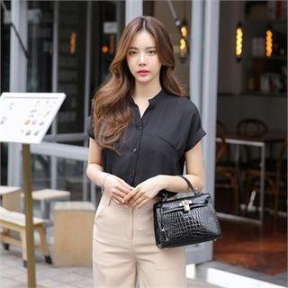 Mandarin-collar Short-sleeve Blouse