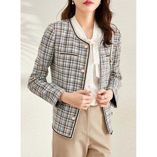 Plaid Contrast Trim Button-up Jacket