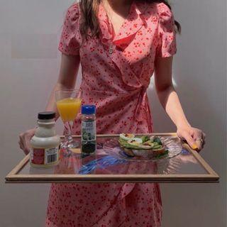 Floral Short-sleeve Wrap Mini A-line Dress Pink - One Size