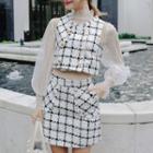 Set: Long-sleeve Mesh Top + Tweed Vest + Mini Tweed Skirt