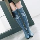 Fringed Denim Chunky Heel Over-the-knee Boots