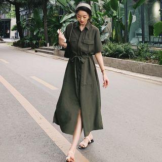 Short-sleeve Tie-waist Midi Shirtdress