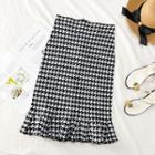 Houndstooth Ruffled-hem Midi Skirt Black - One Size