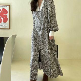 Set: Long-sleeve Flower Print Midi Collared Dress + Belt