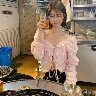 Lace Up Blouse Light Pink - One Size