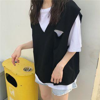 Set: Short-sleeve Plain T-shirt + Distressed Tank Top