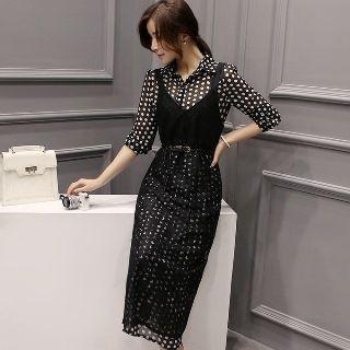 Set: Long-sleeve Dotted Shirt Dress + Sleeveless Lace Dress