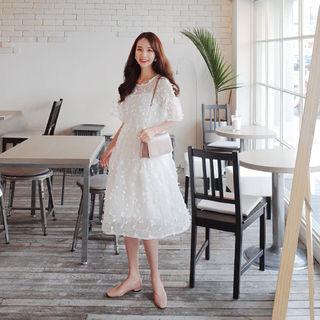 Set: Fringe-trim Sheer A-line Dress + Slipdress