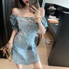Mock Two-piece Floral Short-sleeve Denim Dress