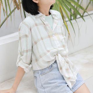 Plaid Long Chiffon Shirt Light Green - One Size