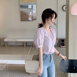 V-neck Puff-sleeve Checked Blouse Pink - One Size