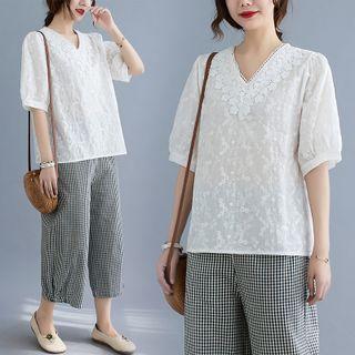 Puff-sleeve V-neck Top White - 2xl