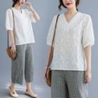 Puff-sleeve V-neck Top White - 2xl
