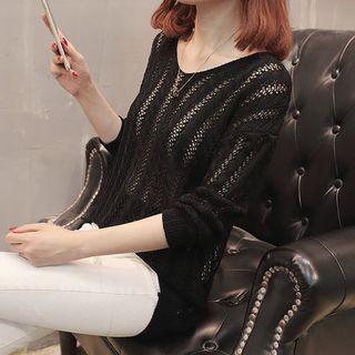 Long-sleeve Lace-up Back Perforated Knit Top
