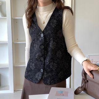 V Neck Flower Jacquard Vest