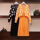Set: Dotted Cardigan + A-line Midi Knit Skirt