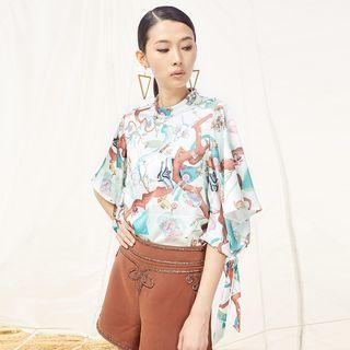 Mock-neck Printed Elbow-sleeve Top