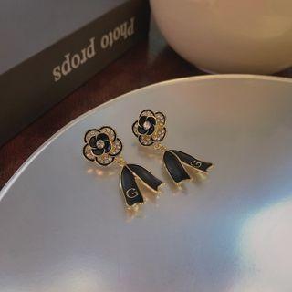 Rhinestone Floral Drop Earring 1 Pair - Black & Gold - One Size