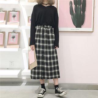 Set: Plain Long Sleeve T-shirt + Plaid Midi A-line Skirt