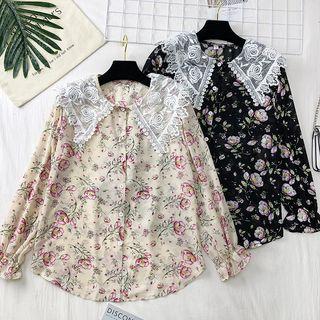 Lace-collar Floral Chiffon Shirt