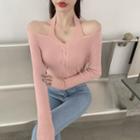 V-neck Halter Pointelle-knit Top