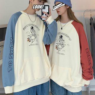 Cartoon Astronaut Print Raglan-sleeve Pullover