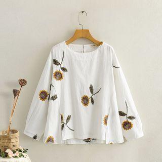 Floral Embroidered Long-sleeve Linen Top