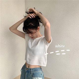 Plain Short-sleeve Cropped Knit Top / Crochet Cardigan