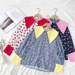 Strawberry Printed Single-breasted Chiffon Blouse