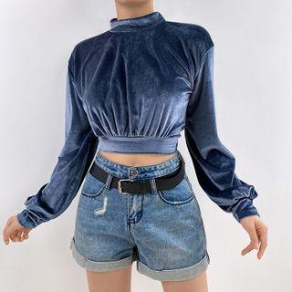 Long-sleeve Mock-neck Cropped Velvet Blouse