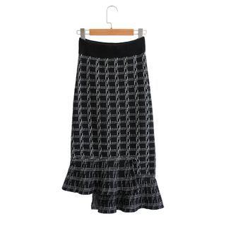 Asymmetric Plaid Knit Midi Mermaid Skirt Black - One Size