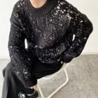 Round Neck Two Tone Sweater Black - One Size