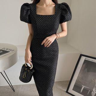Balloon-sleeve Embossed Long Dress