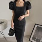 Balloon-sleeve Embossed Long Dress