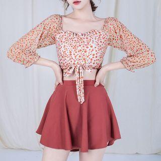 Set: Long-sleeve Print Swim Top + Skirt