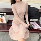 Long-sleeve Knit A-line Dress Khaki - One Size