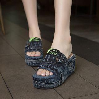 Platform Wedge Denim Slide Sandals