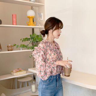 Tie-neck Frill-trim Floral Blouse Pink - One Size