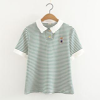 Bear Applique Striped Short-sleeve Polo Shirt