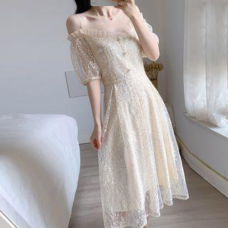 Off-shoulder Sequined Lace A-line Dress