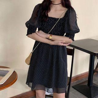 Puff-sleeve Dotted Chiffon A-line Dress