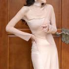 Asymmetrical Choker-neck Long-sleeve Bodycon Dress