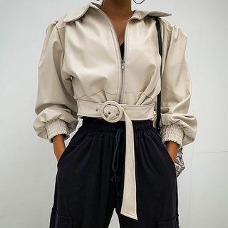 Shirred Faux-leather Jacket With Belt