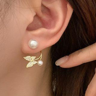 Butterfly Rhinestone Faux Pearl Alloy Earring 1 Pair - Gold & White - One Size