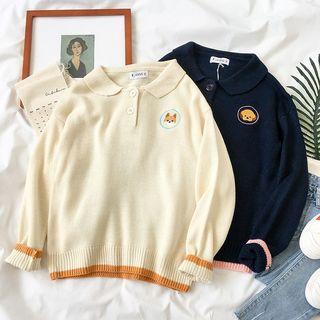 Dog Embroidery Placket Sweater