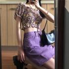 Short-sleeve Floral Print Frill Trim Crop Top / Denim Mini Skirt