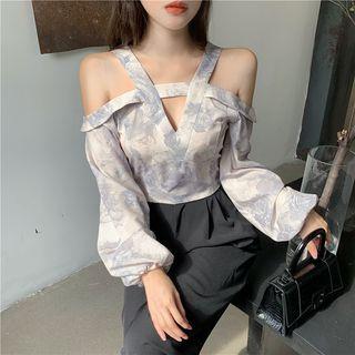 Balloon-sleeve Cold-shoulder Tie-dyed Blouse