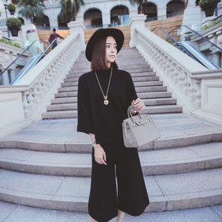 Set: 3/4-sleeve Sweater + Wide Leg Cropped Pants